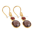 Beautiful Smoky Quartz &amp; Garnet com brinco de prata banhado a ouro